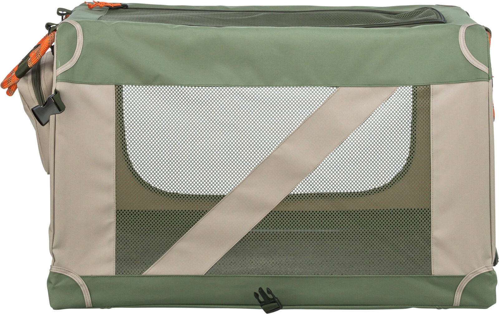 Grüne und beige Tragetasche mit Netzeinsätzen und schwarzen Schnallen auf der Seite.