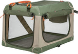 Faltbare Transportbox mit grünem und beigem Stoff, Netzfenstern und orangenen Griffen, geeignet für Tiere.