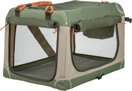 Faltbare Transportbox mit grünem und beigem Stoff, Netzfenstern und orangenen Griffen, geeignet für Tiere.