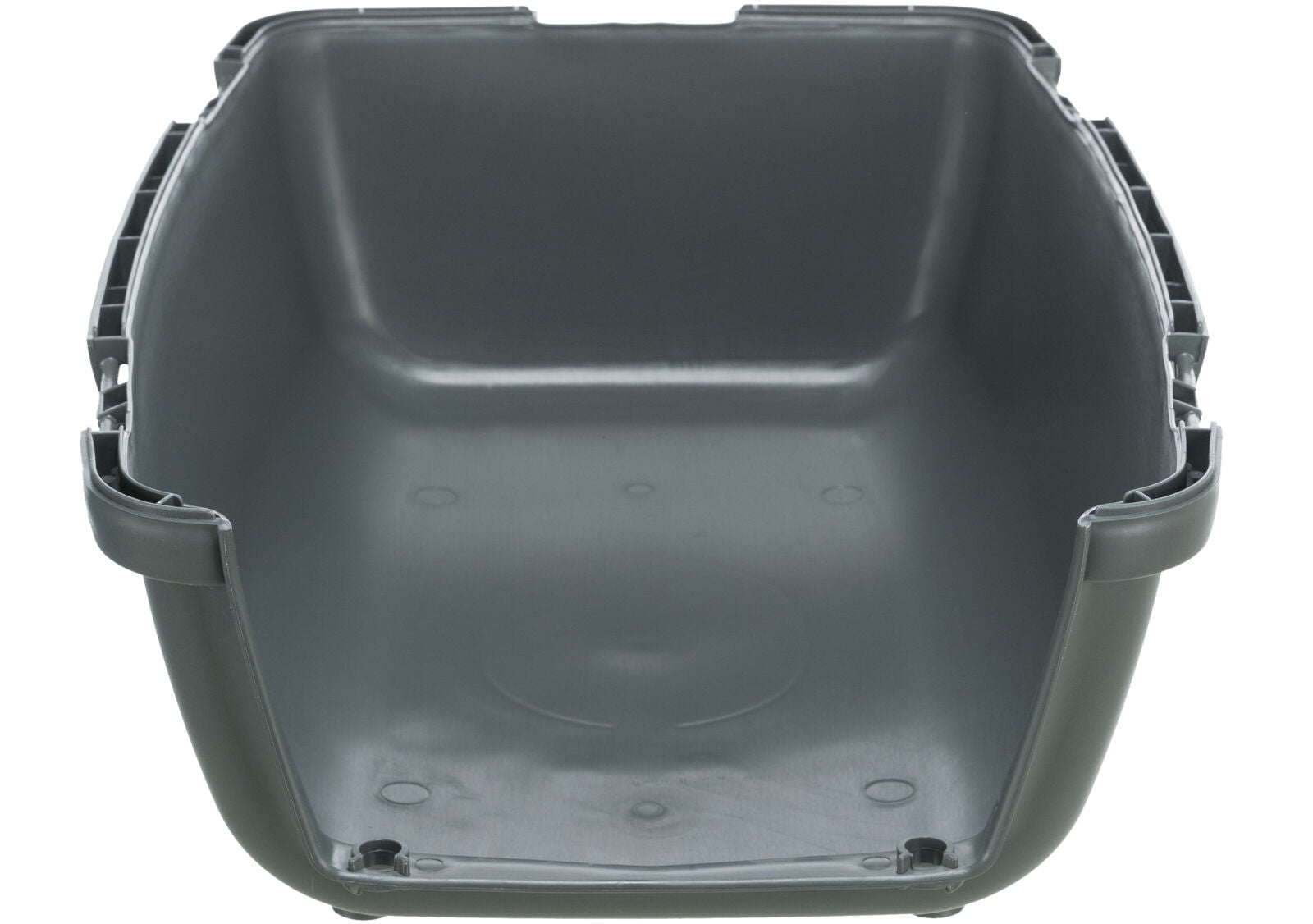 Graue Kunststoffbox ohne Deckel, rechteckig geformt mit abgerundeten Ecken und glatten Innenseiten.