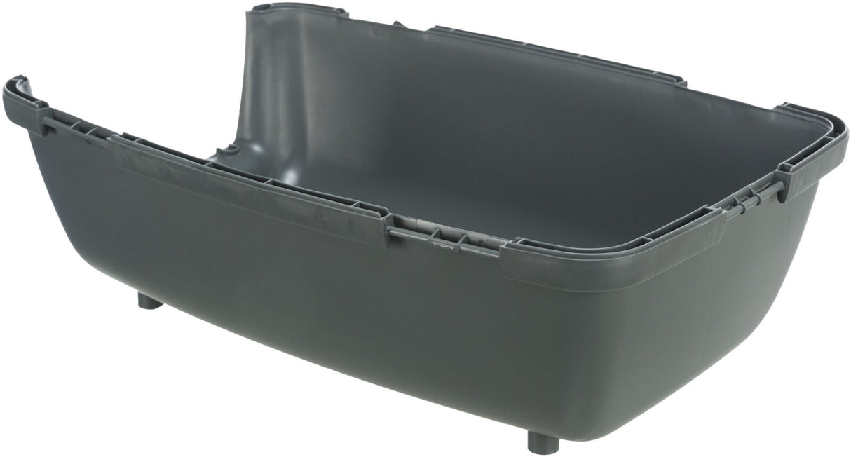 Graues, rechteckiges Kunststoffbehältnis mit erhöhtem Rand und kleinen Standfüßen, von innen leer.
