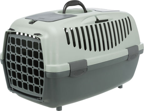 Transportbox mit grauen und dunklen Elementen, Lüftungsschlitzen, Gittertür und Griff oben.