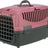 Rosa und graue Transportbox mit Gittertür und Griff oben, geeignet für kleine Tiere.