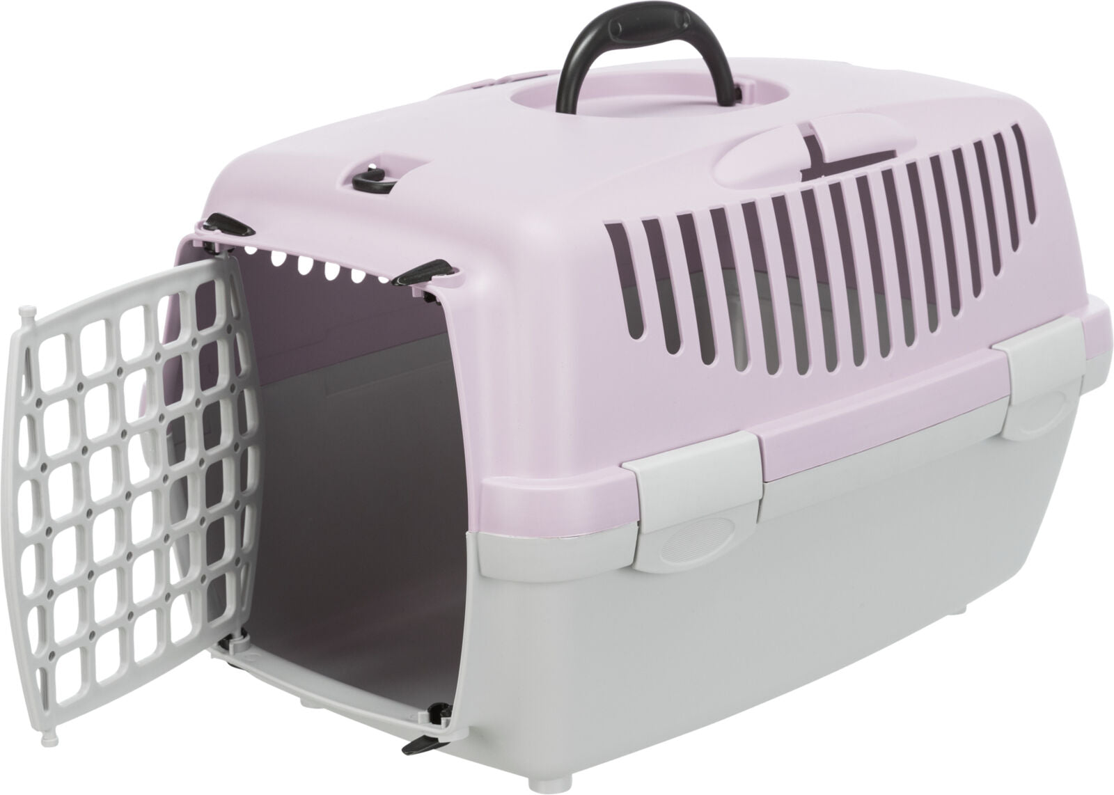 Rosa und graue Transportbox mit schwarzem Griff und offener, gitterförmiger Tür.