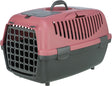 Rote und graue Transportbox mit Gittern aus Kunststoff und Tragegriff oben.