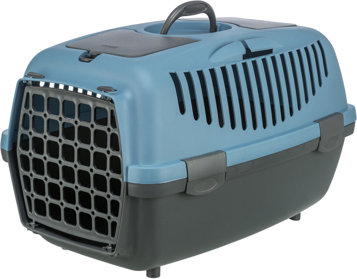 Blau-graue Transportbox mit Lüftungsschlitzen und schwarzem Gitter, Tragegriff oben, rechteckige Form.