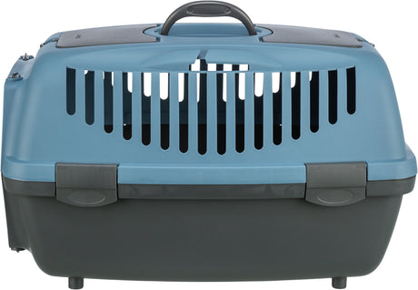 Blau-schwarze Transportbox mit Luftschlitzen und Griff, geeignet für den Transport kleiner Tiere.