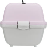 Geschlossene Katzentoilette in Weiß mit rosa Haube und oberem Griff, Vorderansicht.