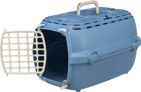 Blaue Transportbox mit weißem Gittertürchen und Tragegriff, offen dargestellt.
