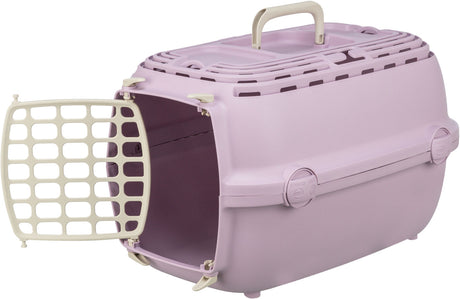 Lila Transportbox mit cremefarbenem Gittertor und Griff, das Tor ist geöffnet.