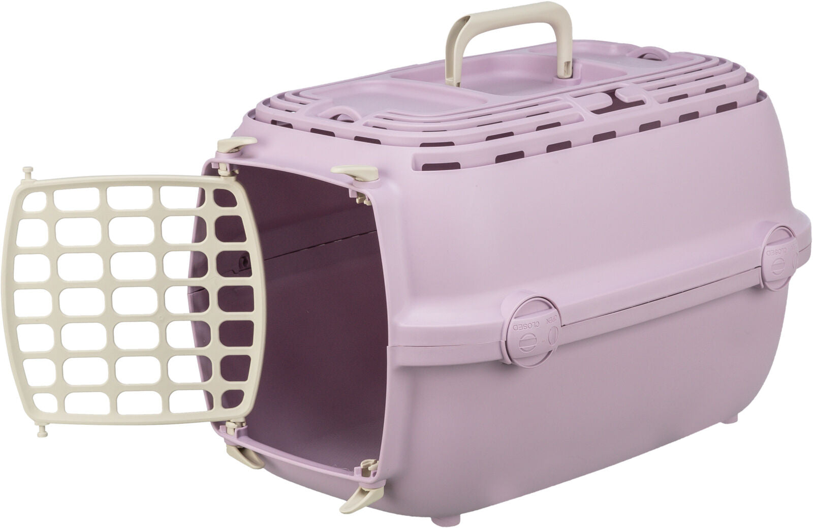 Lila Transportbox mit cremefarbenem Gittertor und Griff, das Tor ist geöffnet.
