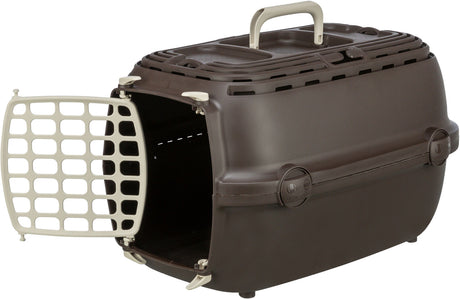 Braune Transportbox mit Tragegriff aus Kunststoff, offene Gittertür und seitliche Verschlüsse aus hellem Material.