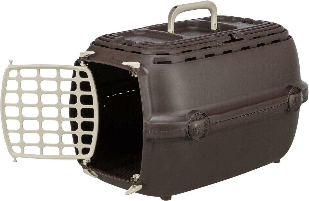Braune Transportbox mit Tragegriff aus Kunststoff, offene Gittertür und seitliche Verschlüsse aus hellem Material.
