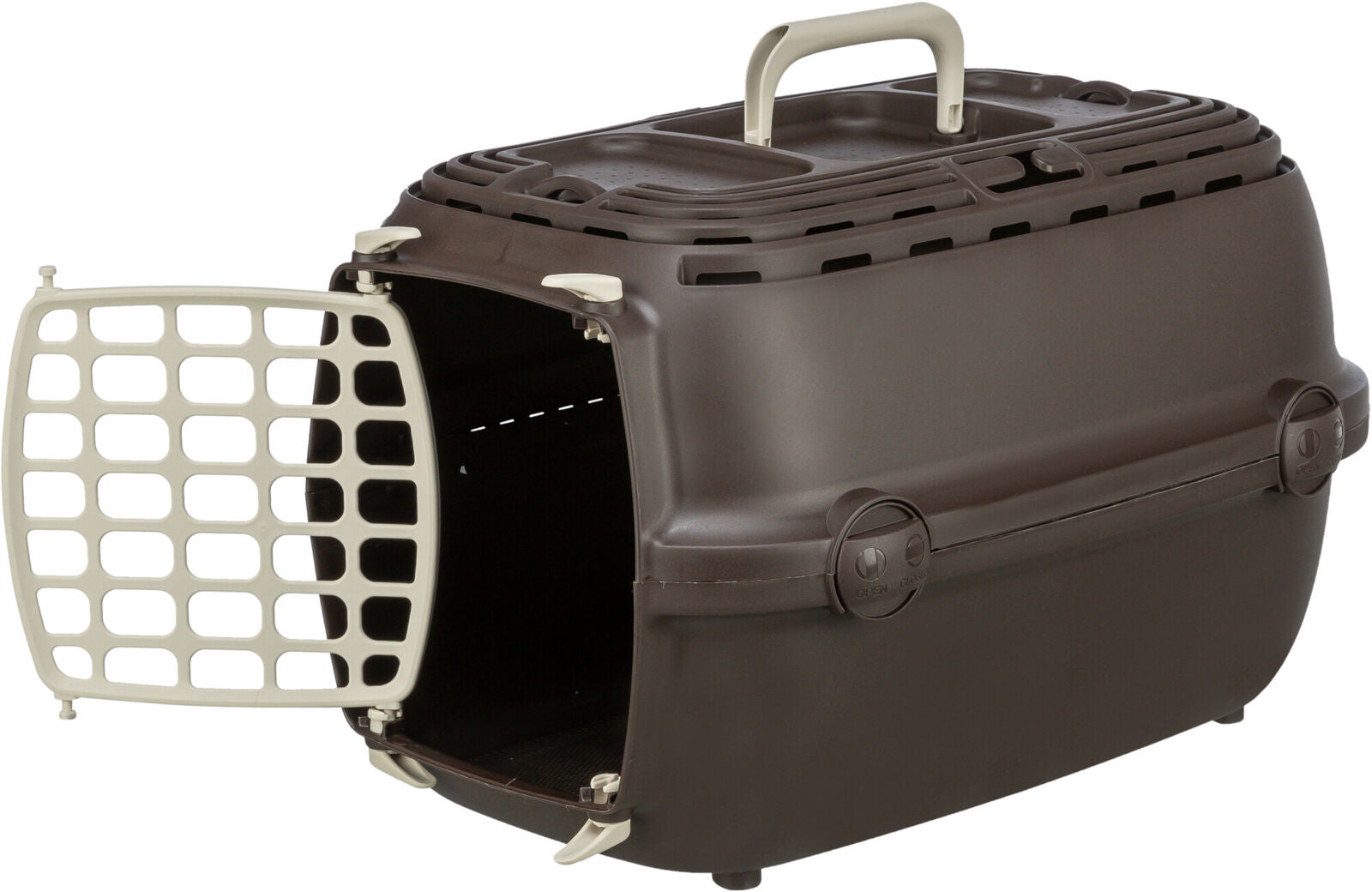 Braune Transportbox mit Tragegriff aus Kunststoff, offene Gittertür und seitliche Verschlüsse aus hellem Material.