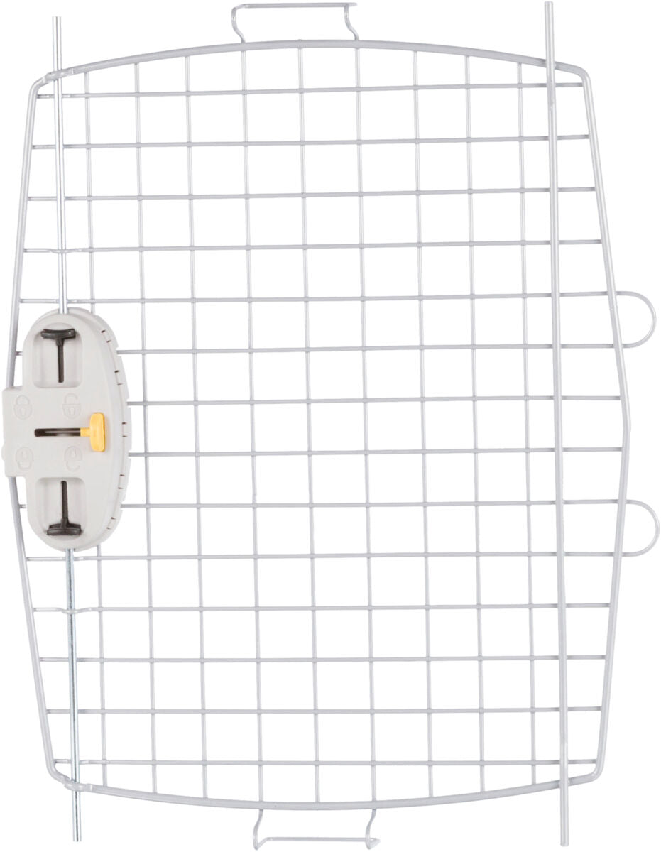 Weißes, rechteckiges Gitter mit grauem Kunststoffverschluss und gelbem Schieberegler links, Griff oben.