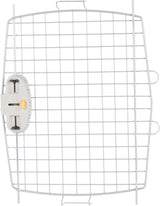 Weißes, rechteckiges Gitter mit grauem Kunststoffverschluss und gelbem Schieberegler links, Griff oben.