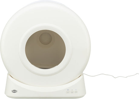 Weißes, rundes Gerät mit offenem Kreis vorne, flache Basis mit Tasten und einem Kabel rechts.