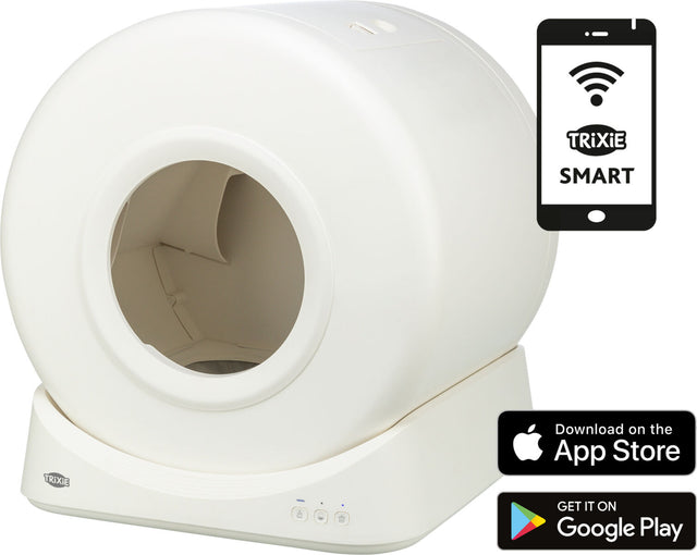 Rundes weißes Gerät mit Eingangsöffnung, daneben Smartphone-Symbol mit Text "TRiXiE SMART" und App-Store-Logos.