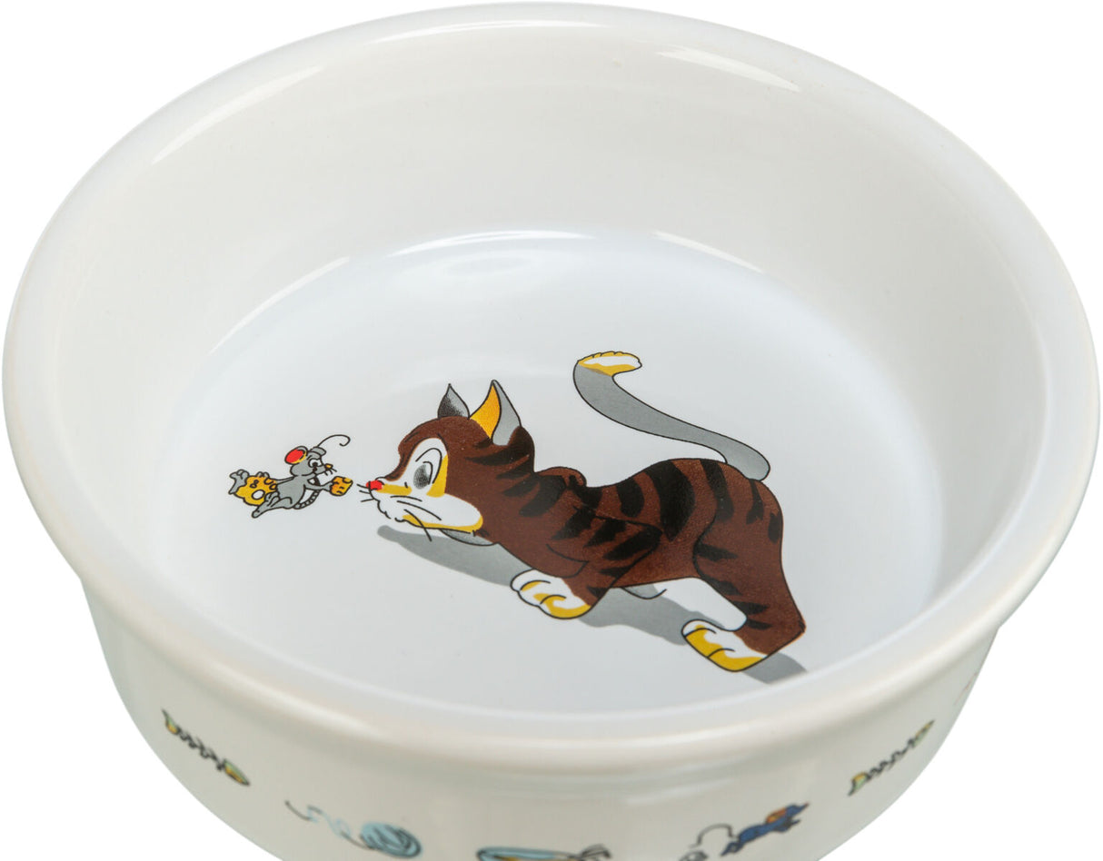 Weiße Schüssel mit Cartoon-Motiv von einer Katze und einer Maus innen auf dem Boden der Schüssel.