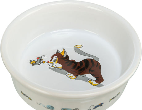 Weiße Schüssel mit Cartoon-Motiv von einer Katze und einer Maus innen auf dem Boden der Schüssel.