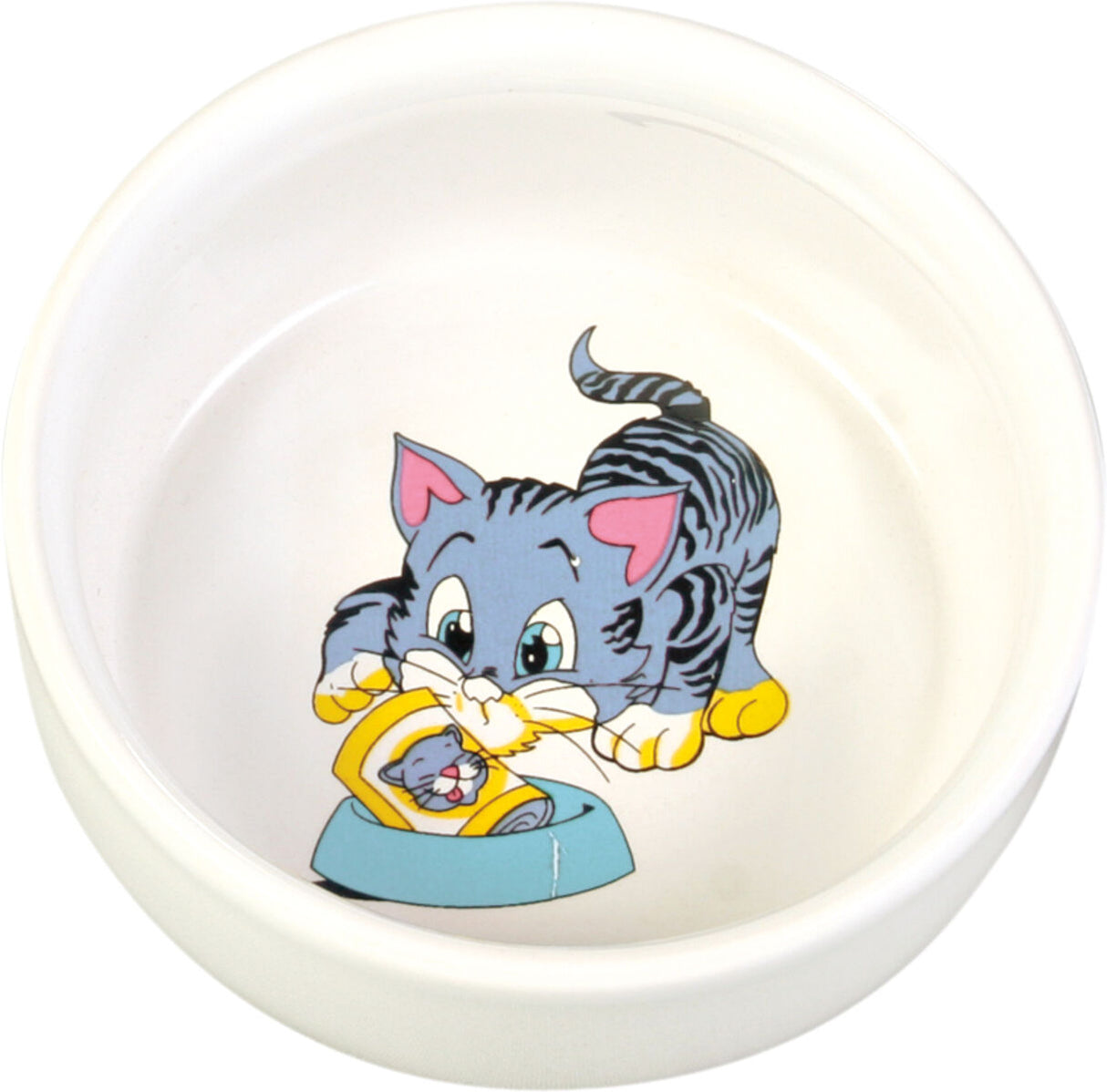 Weißer Napf mit einer Illustration einer grauen Katze, die in einen blauen Napf mit einem gelben Fisch schaut.