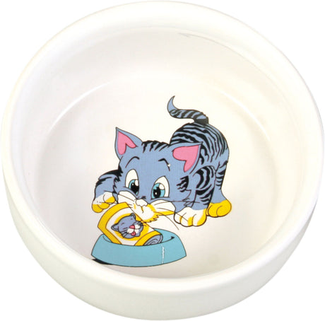 Weißer Napf mit einer Illustration einer grauen Katze, die in einen blauen Napf mit einem gelben Fisch schaut.