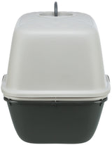 Katzentoilette mit Haube in Grau und Weiß, oben mit Griff.