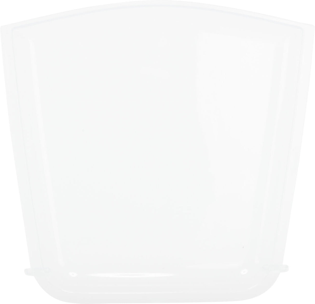 Klares, rechteckiges, transparentes Plastikteil mit leicht gewölbten Ecken und glatter Oberfläche.