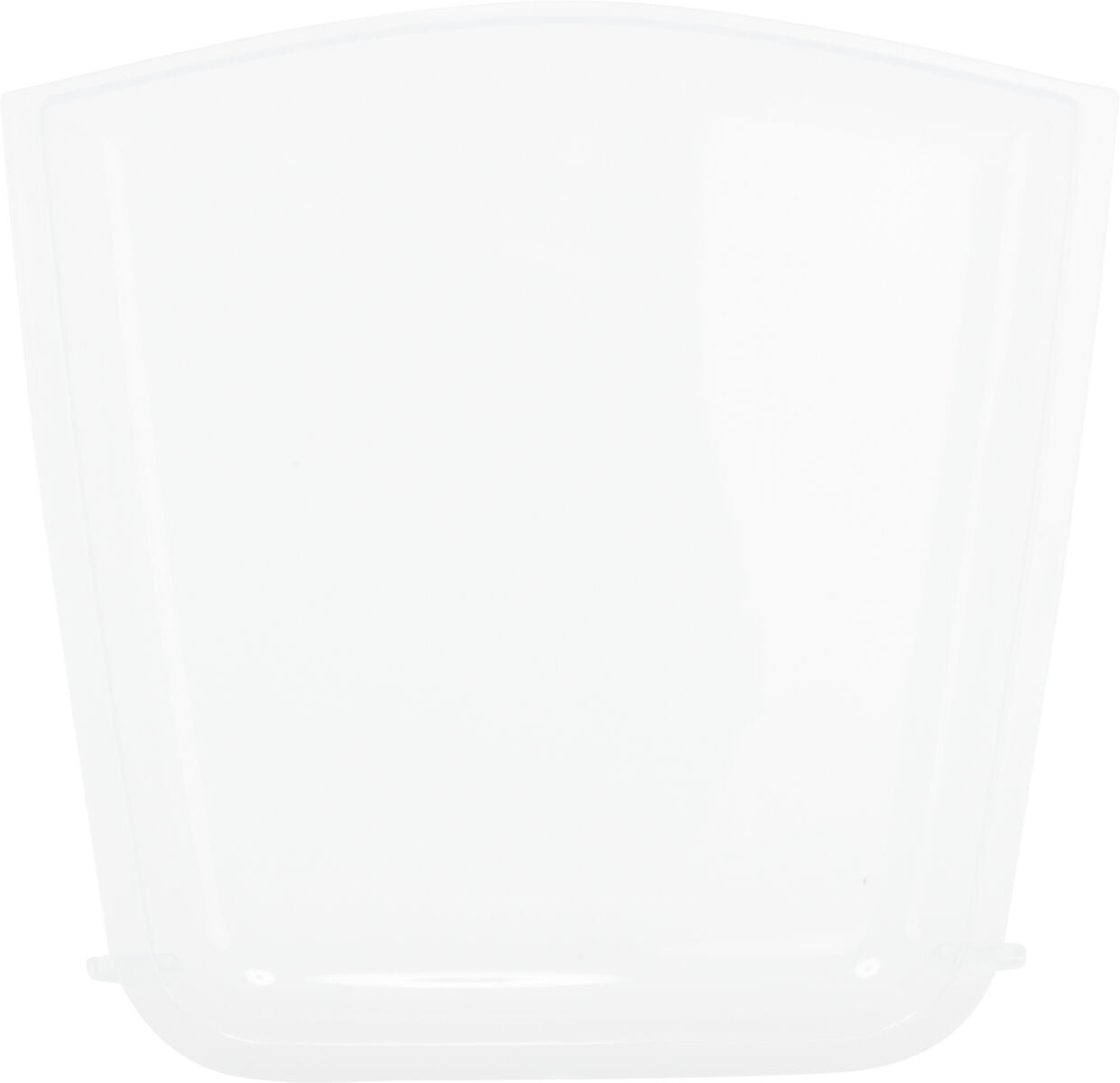 Klares, rechteckiges, transparentes Plastikteil mit leicht gewölbten Ecken und glatter Oberfläche.