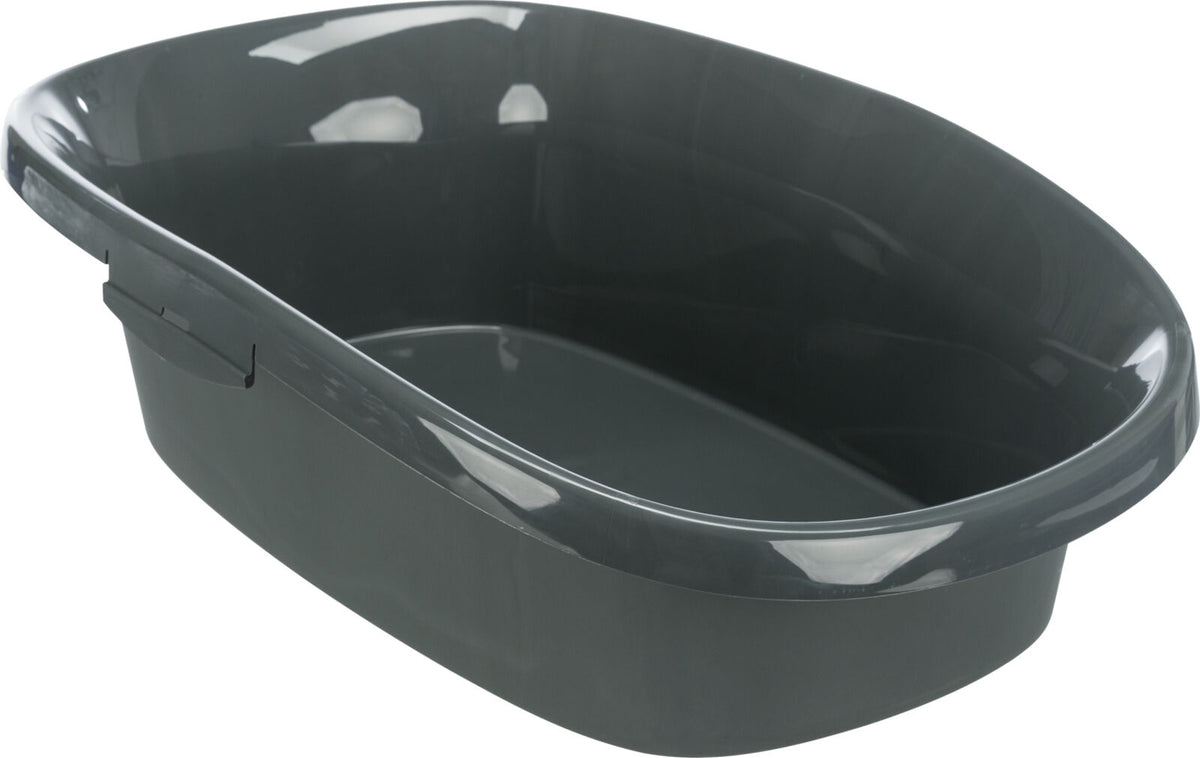Eine dunkelgraue, ovale Schale mit erhöhtem Rand und glatter Oberfläche.