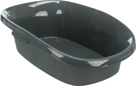 Eine dunkelgraue, ovale Schale mit erhöhtem Rand und glatter Oberfläche.