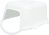Weißer Kunststoffdeckel mit abgerundeten Kanten und ovaler Öffnung an einer Seite.