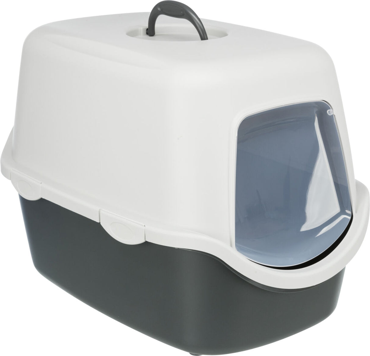 Geschlossene Katzentoilette mit grauer Unter- und weißer Oberseite, transparente Klappe, Tragegriff oben.