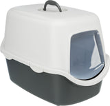 Geschlossene Katzentoilette mit grauer Unter- und weißer Oberseite, transparente Klappe, Tragegriff oben.