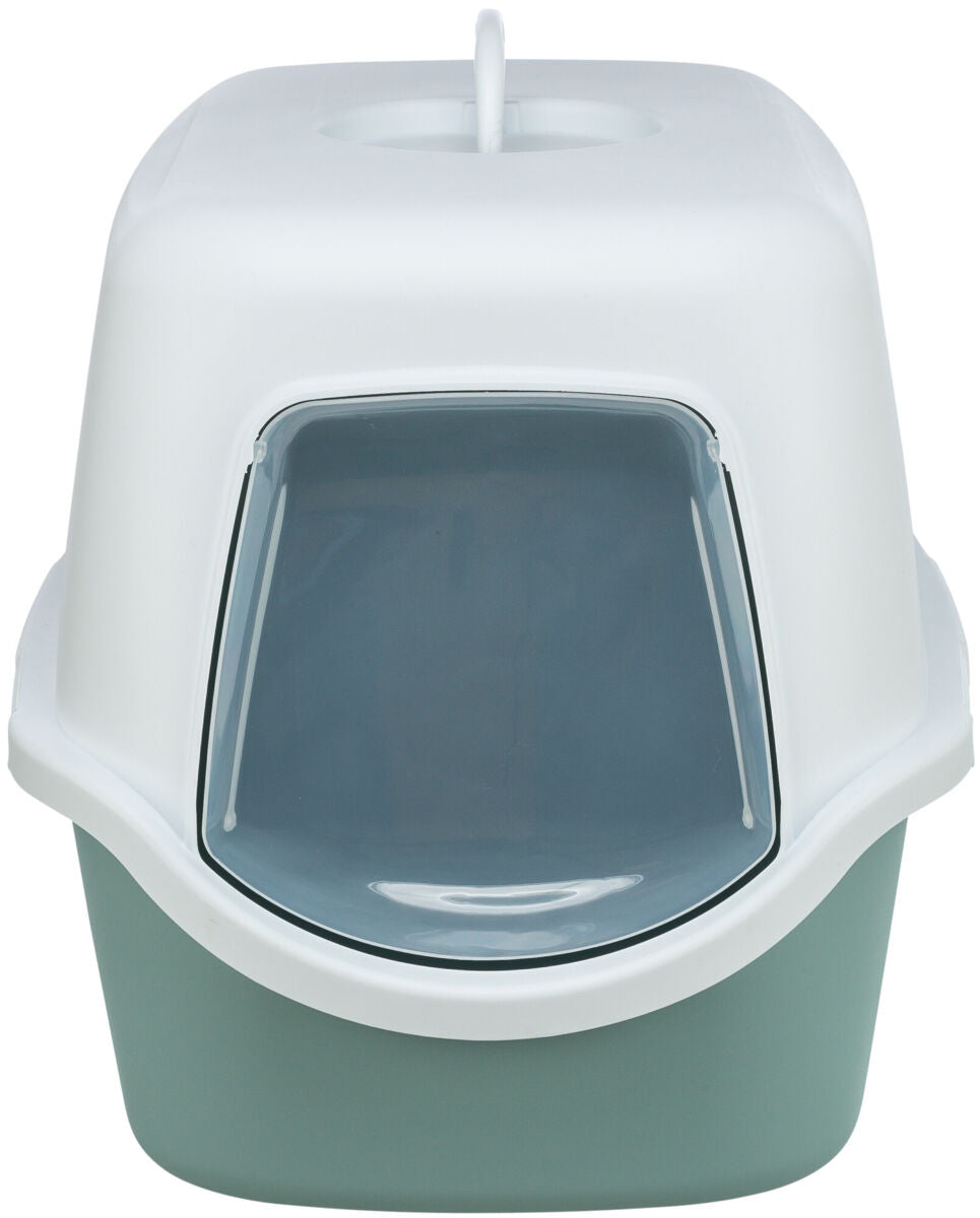 Geschlossene Katzentoilette in Weiß und Blau mit abnehmbarem Deckel und halbdurchsichtiger Tür.