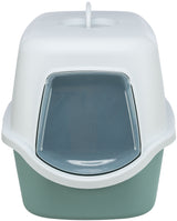 Geschlossene Katzentoilette in Weiß und Blau mit abnehmbarem Deckel und halbdurchsichtiger Tür.