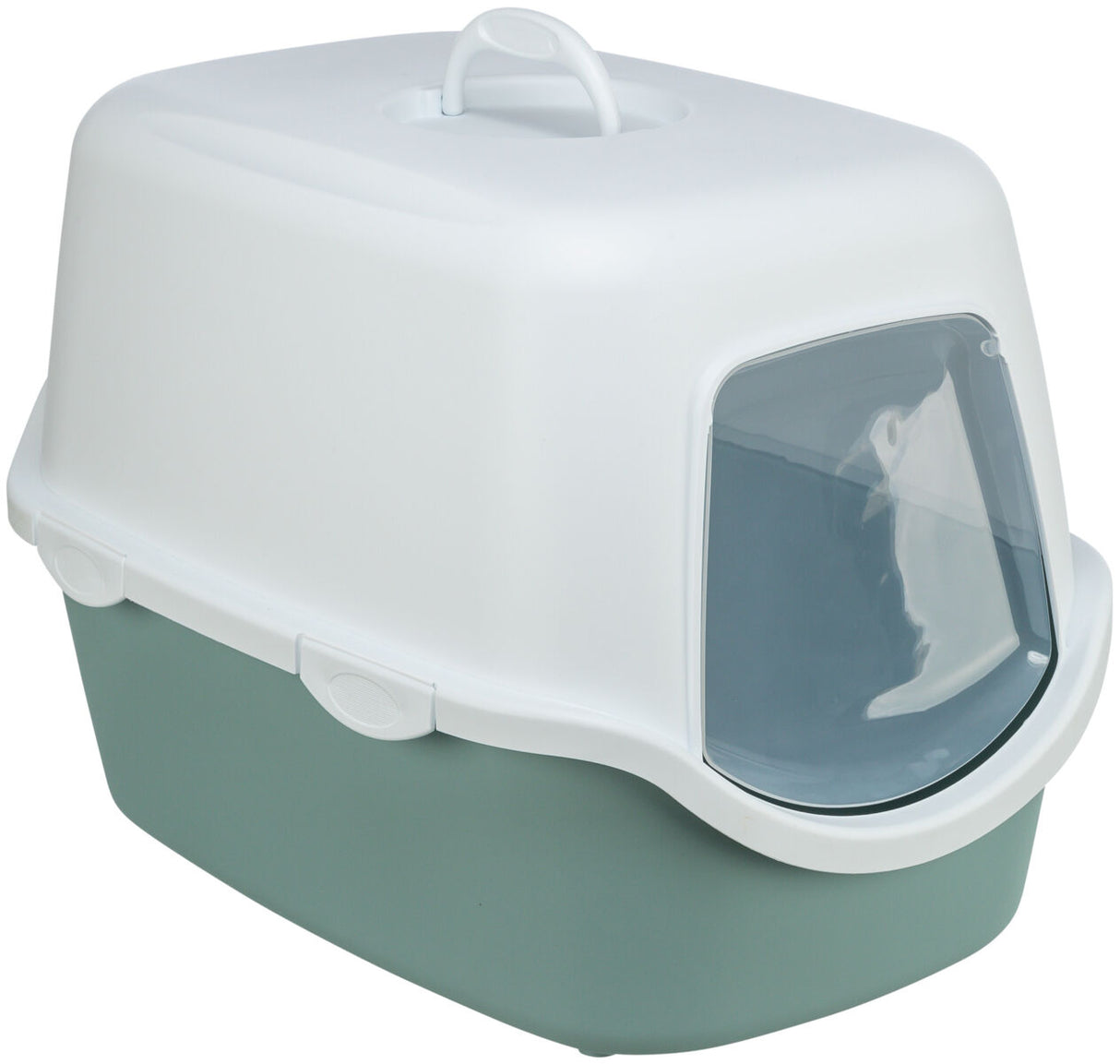 Weiße Katzentoilette mit Haube und transparentem Eingang, unterer Teil in grünlicher Farbe.