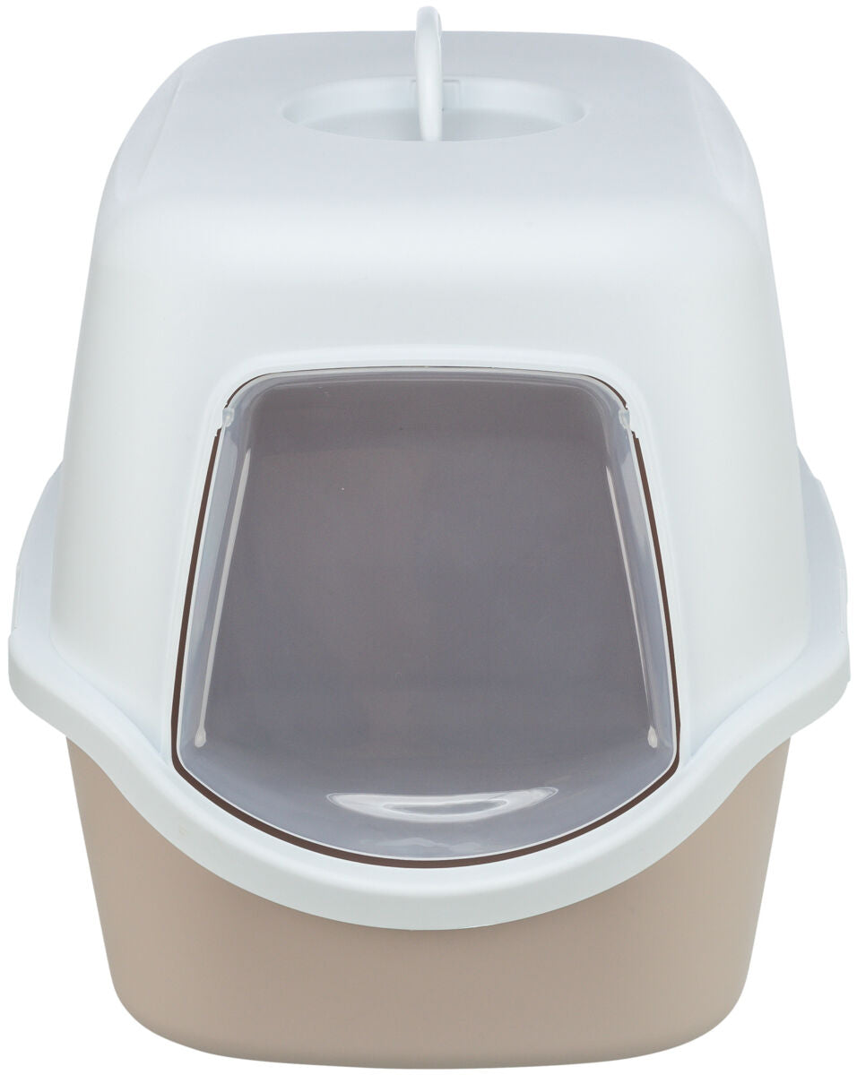 Geschlossene Katzentoilette mit weißem Deckel und beiger Schale, transparente Klapptür vorne.