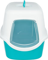 Geschlossene Katzentoilette in Weiß und Türkis mit transparenter, klappbarer Eingangstür und Tragegriff.