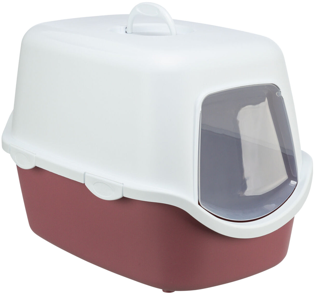 Katzentoilette mit Haube in Weiß und Braun, vorderseitiger Einstieg mit transparenter Klappe, Tragegriff oben.