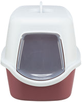 Katzentoilette mit Haube in Weiß und Rot, vorderseitig graue Sichttür.