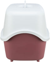 Katzentoilette mit Haube in Weiß und Rot mit rundem Einstieg oben.