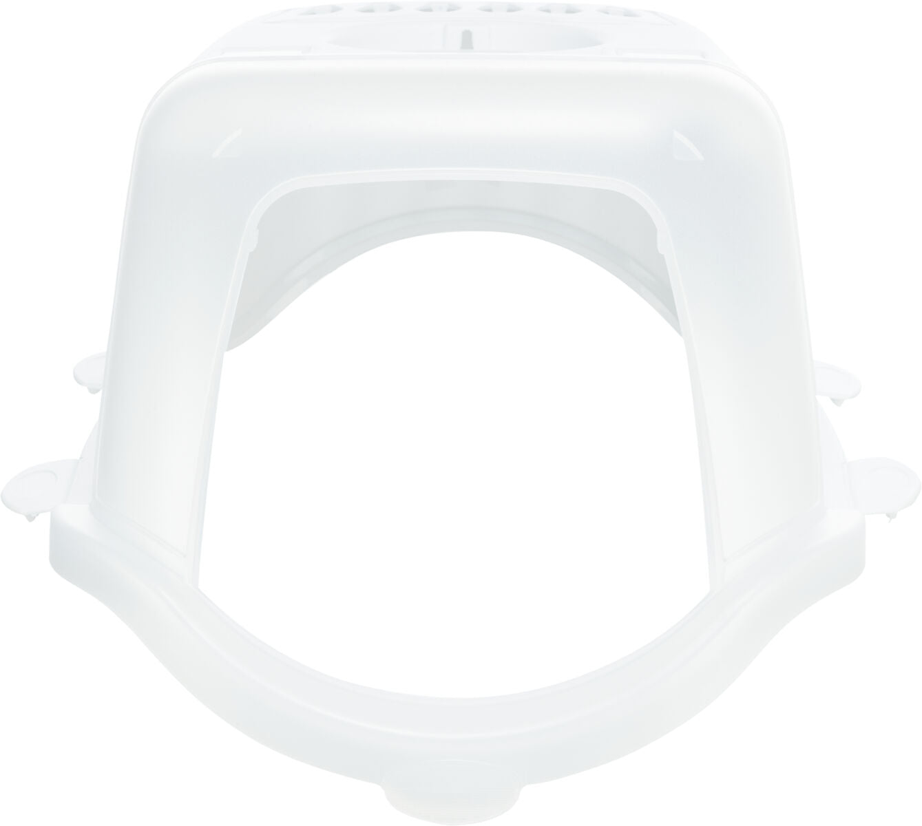 Weißer, transparenter Plastikdeckel mit runder Öffnung und eingekerbten Kanten an den Seiten.