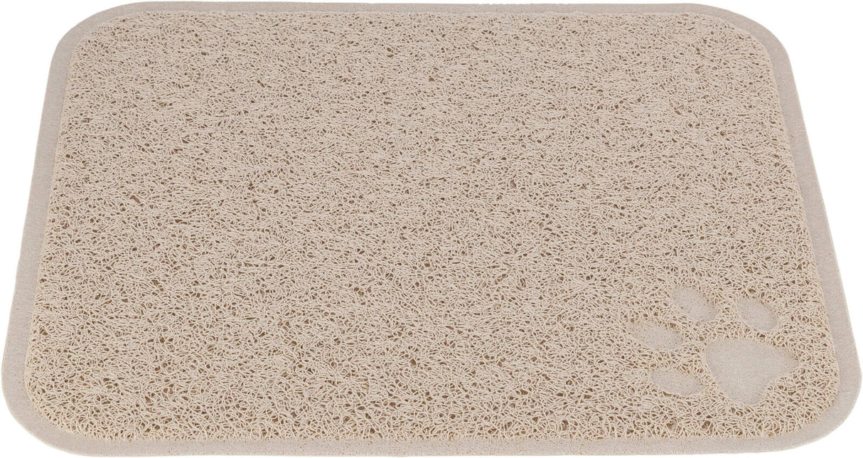 Beige, rechteckige, strukturierte Matte mit einer Pfotenabdruck-Prägung in der Ecke.