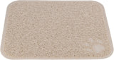 Beige, rechteckige, strukturierte Matte mit einer Pfotenabdruck-Prägung in der Ecke.