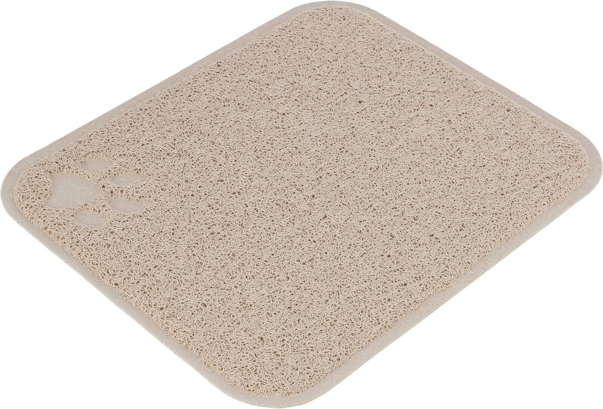 Rechteckige beige Matte mit strukturierter Oberfläche und einer Pfotenabdruckprägung in der Ecke.