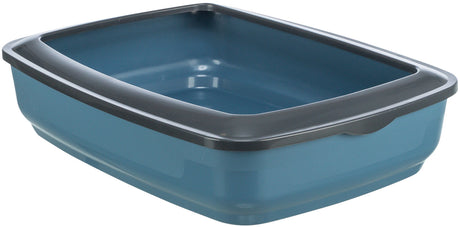 Rechteckige, offene Katzentoilette in Blau mit dunklem Rand und abgerundeten Ecken.