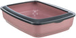 Rechteckige katzenartige Schale in Rosa mit schwarzem Rand, offen und ohne Haube.