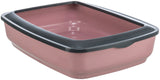 Rechteckige katzenartige Schale in Rosa mit schwarzem Rand, offen und ohne Haube.