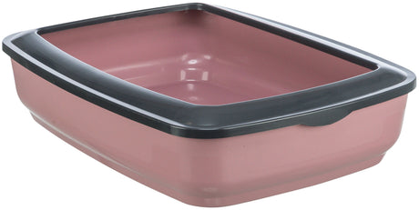 Rechteckige katzenartige Schale in Rosa mit schwarzem Rand, offen und ohne Haube.